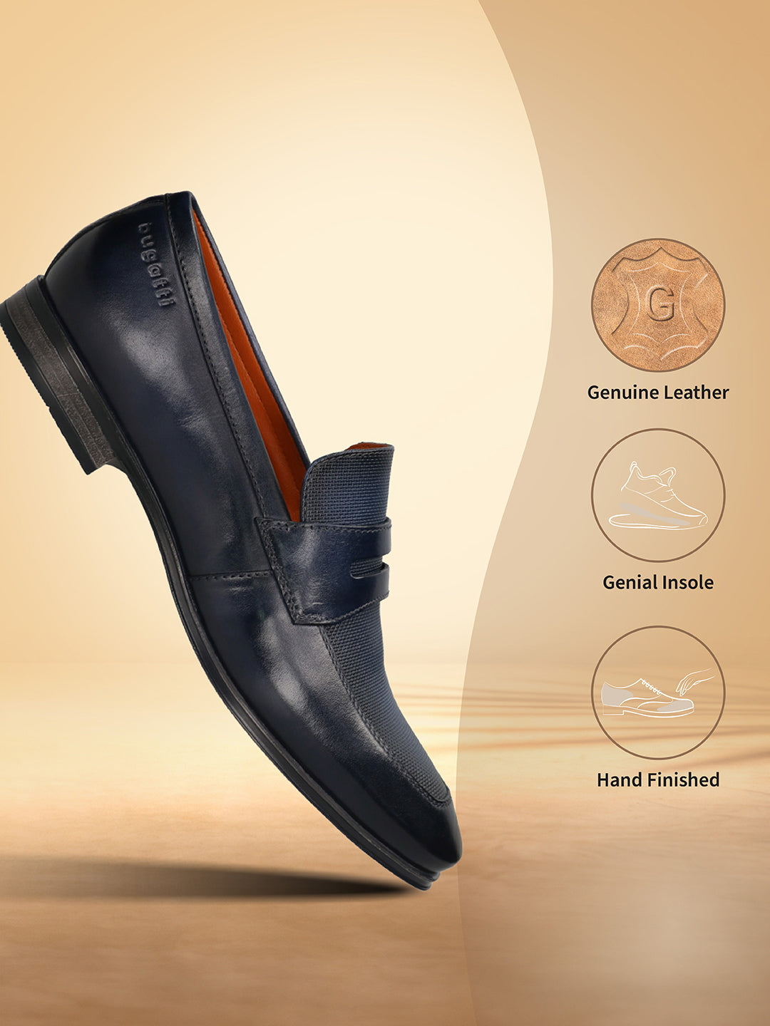 Men's Bugatti penny loafer blue leather shoes with a round toe and plain toe featuring a moulded heel , a pvc outsole.