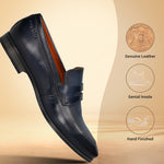 Men's Bugatti penny loafer blue leather shoes with a round toe and plain toe featuring a moulded heel , a pvc outsole.