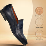 Men's Bugatti penny loafer blue leather shoes with a round toe and plain toe featuring a moulded heel , a pvc outsole.