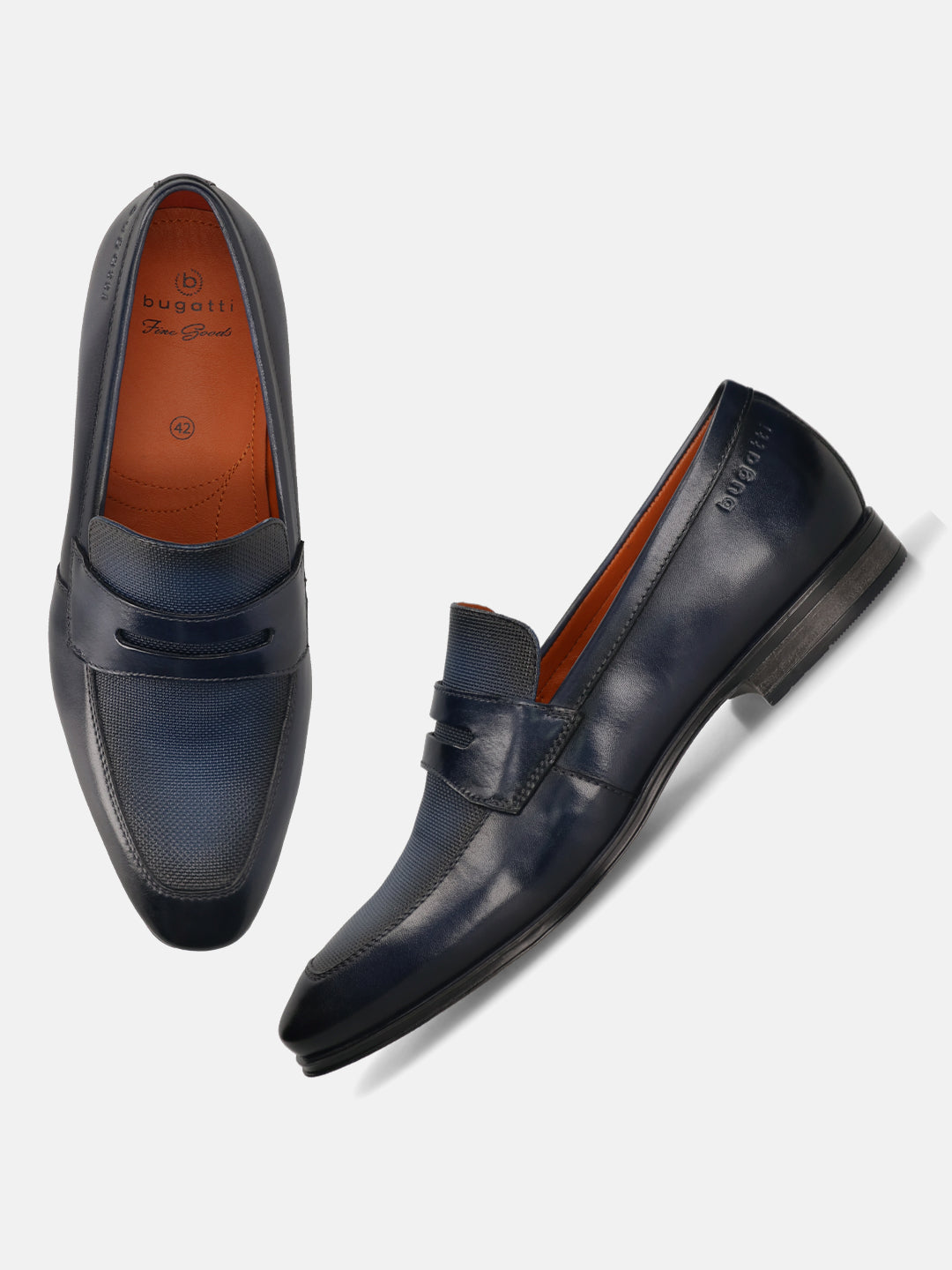 Men's Bugatti penny loafer blue leather shoes with a round toe and plain toe featuring a moulded heel , a pvc outsole.