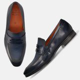 Men's Bugatti penny loafer blue leather shoes with a round toe and plain toe featuring a moulded heel , a pvc outsole.