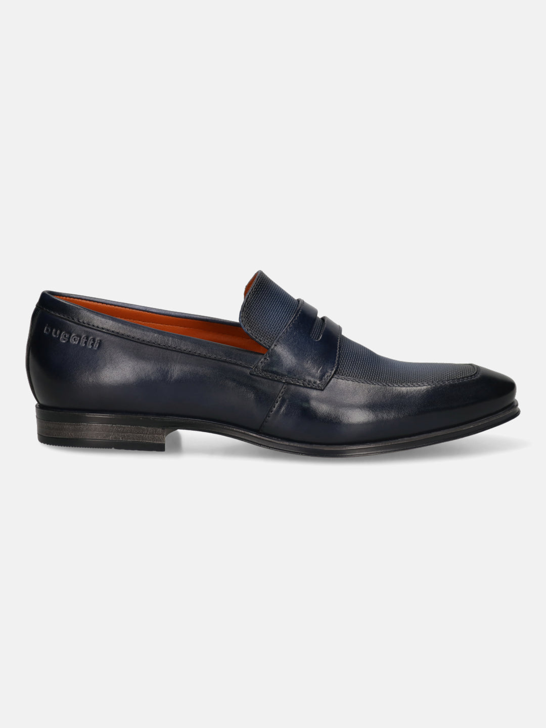 Men's Bugatti penny loafer blue leather shoes with a round toe and plain toe featuring a moulded heel , a pvc outsole.