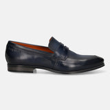 Men's Bugatti penny loafer blue leather shoes with a round toe and plain toe featuring a moulded heel , a pvc outsole.