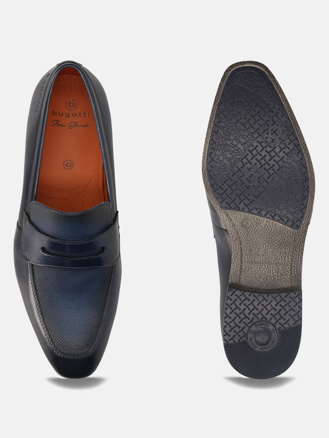 Men's Bugatti penny loafer blue leather shoes with a round toe and plain toe featuring a moulded heel , a pvc outsole.