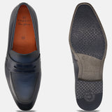 Men's Bugatti penny loafer blue leather shoes with a round toe and plain toe featuring a moulded heel , a pvc outsole.