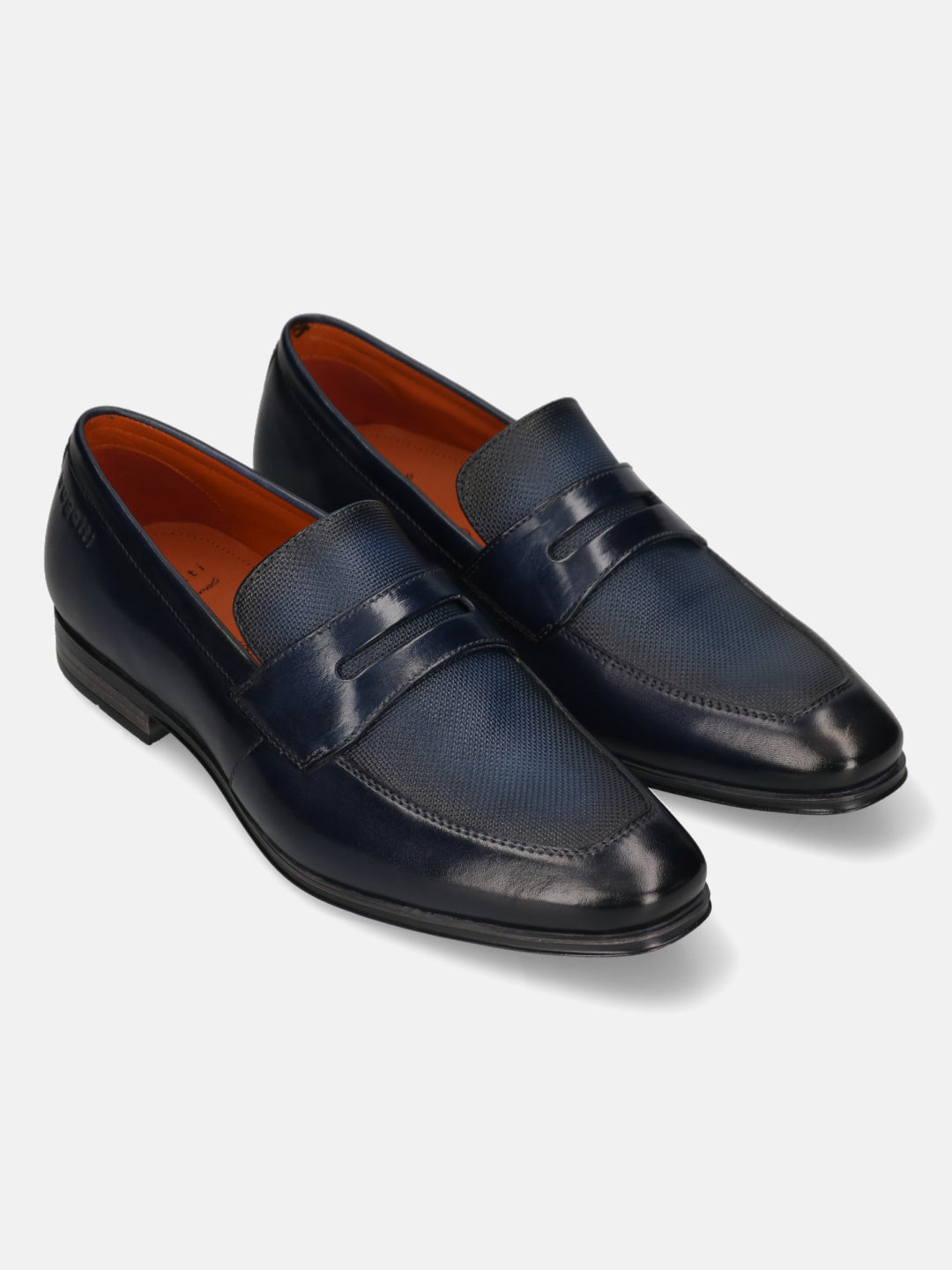 Men's Bugatti penny loafer blue leather shoes with a round toe and plain toe featuring a moulded heel , a pvc outsole.