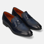 Men's Bugatti penny loafer blue leather shoes with a round toe and plain toe featuring a moulded heel , a pvc outsole.