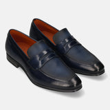 Men's Bugatti penny loafer blue leather shoes with a round toe and plain toe featuring a moulded heel , a pvc outsole.