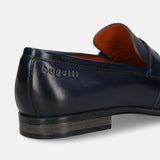 Men's Bugatti penny loafer blue leather shoes with a round toe and plain toe featuring a moulded heel , a pvc outsole.