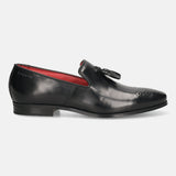 A black Men's bugatti Tassel Loafers featuring a round toe plain toe, moulded heel. Made from premium genuine leather with a durable high quality synthetic outsole, this slip-on design offers both style and comfort.