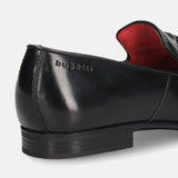 A black Men's bugatti Tassel Loafers featuring a round toe plain toe, moulded heel. Made from premium genuine leather with a durable high quality synthetic outsole, this slip-on design offers both style and comfort.