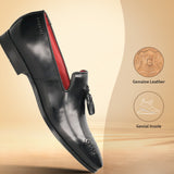 A black Men's bugatti Tassel Loafers featuring a round toe plain toe, moulded heel. Made from premium genuine leather with a durable high quality synthetic outsole, this slip-on design offers both style and comfort.