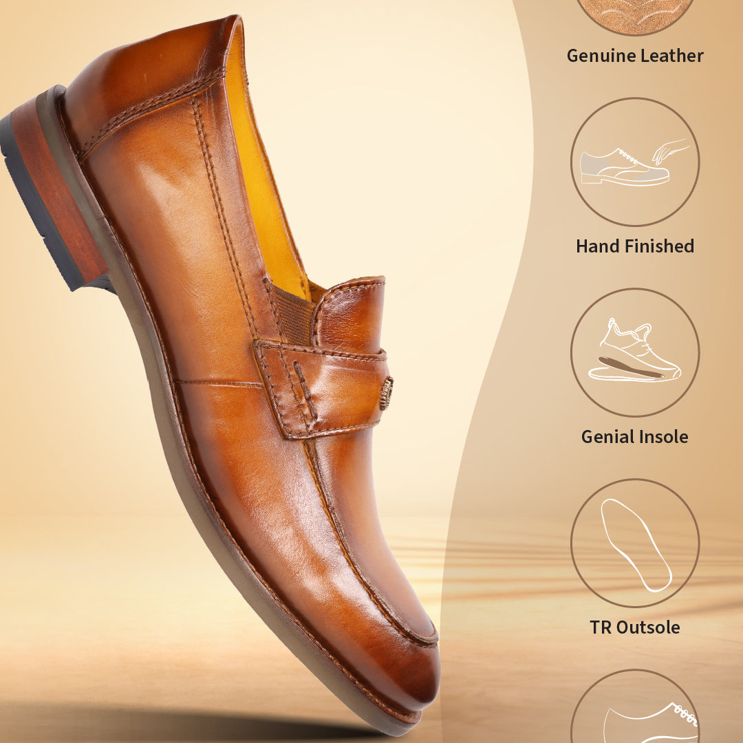 A yellow Men's bugatti Penny Loafer featuring a round apron toe, moulded  heel. Made from premium genuine leather with a durable tr outsole, this slip-on design offers both style and comfort.