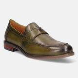 A green Men's bugatti Penny Loafer featuring a round apron toe, moulded heel. Made from premium genuine leather with a durable tr outsole, this slip-on design offers both style and comfort.