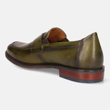 A green Men's bugatti Penny Loafer featuring a round apron toe, moulded heel. Made from premium genuine leather with a durable tr outsole, this slip-on design offers both style and comfort.