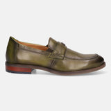 A green Men's bugatti Penny Loafer featuring a round apron toe, moulded heel. Made from premium genuine leather with a durable tr outsole, this slip-on design offers both style and comfort.