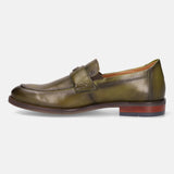 A green Men's bugatti Penny Loafer featuring a round apron toe, moulded heel. Made from premium genuine leather with a durable tr outsole, this slip-on design offers both style and comfort.