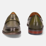 A green Men's bugatti Penny Loafer featuring a round apron toe, moulded heel. Made from premium genuine leather with a durable tr outsole, this slip-on design offers both style and comfort.