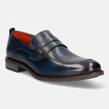 A blue Men's bugatti Penny Loafer featuring a round apron toe, moulded heel. Made from premium genuine leather with a durable tr outsole, this slip-on design offers both style and comfort.