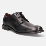 A black Men's bugatti Derby featuring a round plain toe, moulded heel. Made from premium genuine leather with a durable tr outsole, this laces design offers both style and comfort.