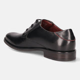 A black Men's bugatti Derby featuring a round plain toe, moulded heel. Made from premium genuine leather with a durable tr outsole, this laces design offers both style and comfort.