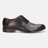 A black Men's bugatti Derby featuring a round plain toe, moulded heel. Made from premium genuine leather with a durable tr outsole, this laces design offers both style and comfort.