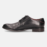 A black Men's bugatti Derby featuring a round plain toe, moulded heel. Made from premium genuine leather with a durable tr outsole, this laces design offers both style and comfort.