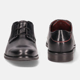 A black Men's bugatti Derby featuring a round plain toe, moulded heel. Made from premium genuine leather with a durable tr outsole, this laces design offers both style and comfort.