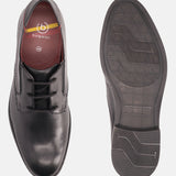 A black Men's bugatti Derby featuring a round plain toe, moulded heel. Made from premium genuine leather with a durable tr outsole, this laces design offers both style and comfort.