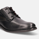 A black Men's bugatti Derby featuring a round plain toe, moulded heel. Made from premium genuine leather with a durable tr outsole, this laces design offers both style and comfort.