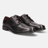 A black Men's bugatti Derby featuring a round plain toe, moulded heel. Made from premium genuine leather with a durable tr outsole, this laces design offers both style and comfort.