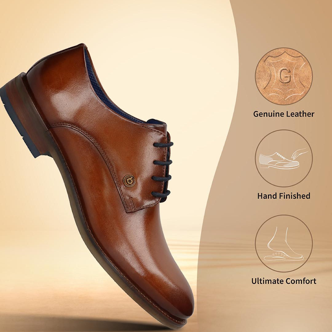 Men's Bugatti derby cognac leather shoes with a round toe and plain toe featuring a moulded heel , a tpr outsole , and laces fastening.