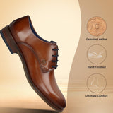 Men's Bugatti derby cognac leather shoes with a round toe and plain toe featuring a moulded heel , a tpr outsole , and laces fastening.