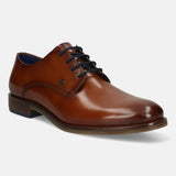 Men's Bugatti derby cognac leather shoes with a round toe and plain toe featuring a moulded heel , a tpr outsole , and laces fastening.