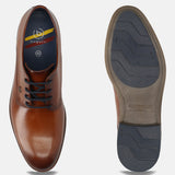 Men's Bugatti derby cognac leather shoes with a round toe and plain toe featuring a moulded heel , a tpr outsole , and laces fastening.