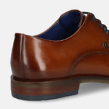 Men's Bugatti derby cognac leather shoes with a round toe and plain toe featuring a moulded heel , a tpr outsole , and laces fastening.