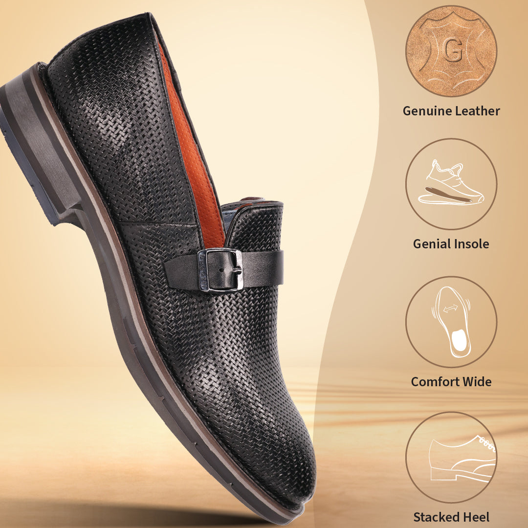 A black Men's bugatti Penny Loafer featuring a round plain toe, moulded  heel, and a wide fit. Made from premium genuine leather with a durable tr outsole, this slip-on design offers both style and comfort.