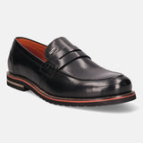 A black Men's bugatti Penny Loafer featuring a round apron toe, stacked heel, and a extra wide fit. Made from premium genuine leather with a durable eva outsole, this slip-on design offers both style and comfort.