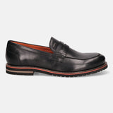 A black Men's bugatti Penny Loafer featuring a round apron toe, stacked heel, and a extra wide fit. Made from premium genuine leather with a durable eva outsole, this slip-on design offers both style and comfort.