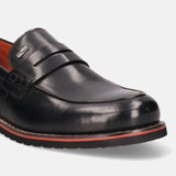 A black Men's bugatti Penny Loafer featuring a round apron toe, stacked heel, and a extra wide fit. Made from premium genuine leather with a durable eva outsole, this slip-on design offers both style and comfort.