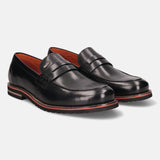 A black Men's bugatti Penny Loafer featuring a round apron toe, stacked heel, and a extra wide fit. Made from premium genuine leather with a durable eva outsole, this slip-on design offers both style and comfort.