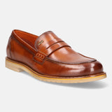 A cognac Men's bugatti Penny Loafer featuring a round apron toe, stacked heel, and a extra wide fit. Made from premium genuine leather with a durable eva outsole, this slip-on design offers both style and comfort.