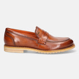 A cognac Men's bugatti Penny Loafer featuring a round apron toe, stacked heel, and a extra wide fit. Made from premium genuine leather with a durable eva outsole, this slip-on design offers both style and comfort.
