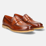 A cognac Men's bugatti Penny Loafer featuring a round apron toe, stacked heel, and a extra wide fit. Made from premium genuine leather with a durable eva outsole, this slip-on design offers both style and comfort.