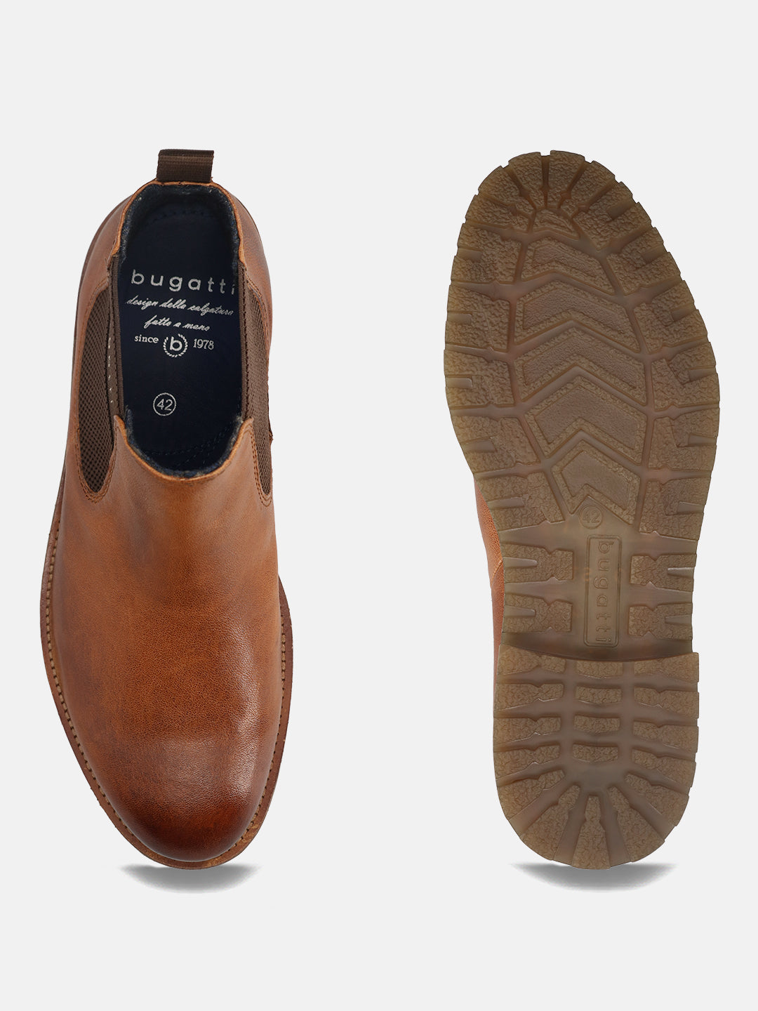 A cognac Men's bugatti Chelsea Boots featuring a round toe plain toe, moulded  heel, and a wide fit. Made from premium genuine leather with a durable tr outsole, this elastic design offers both style and comfort.