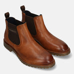 A cognac Men's bugatti Chelsea Boots featuring a round toe plain toe, moulded  heel, and a wide fit. Made from premium genuine leather with a durable tr outsole, this elastic design offers both style and comfort.