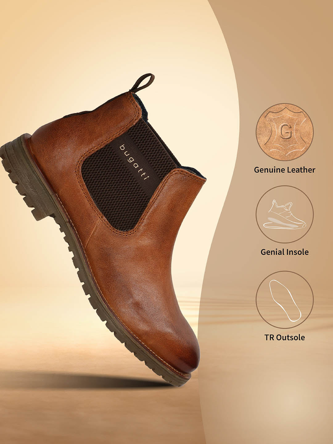 A cognac Men's bugatti Chelsea Boots featuring a round toe plain toe, moulded  heel, and a wide fit. Made from premium genuine leather with a durable tr outsole, this elastic design offers both style and comfort.