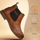 A cognac Men's bugatti Chelsea Boots featuring a round toe plain toe, moulded  heel, and a wide fit. Made from premium genuine leather with a durable tr outsole, this elastic design offers both style and comfort.