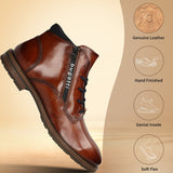 A cognac Men's bugatti Ankle Boots featuring a round toe plain toe, moulded heel, and a wide fit. Made from premium genuine leather with a durable tr outsole, this zipper design offers both style and comfort.