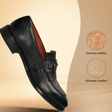 Men's Bugatti kiltie loafer black leather shoes with a round toe and apron toe featuring a stacked heel , a leather outsole.